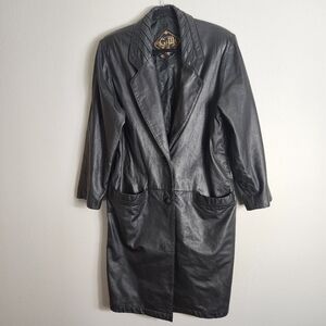 G-III Womens Vintage Black Leather Long Length Single Breasted Coat-Size S